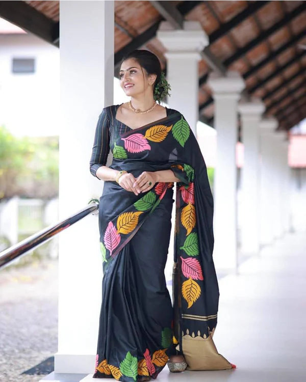 Womenline Black Color Banarasi Soft Silk Saree