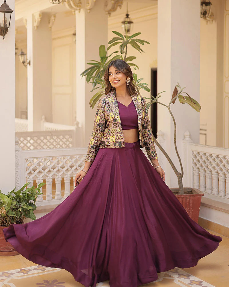 Womenline Wine Color Pure Chinnon Lehenga Choli
