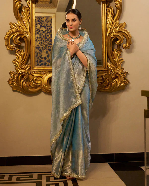 Womenline Sky Blue Color Weightless Tissue Shimmer Saree