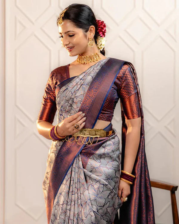 Womenline Sky Color Banarasi Jacquard Soft Silk Saree