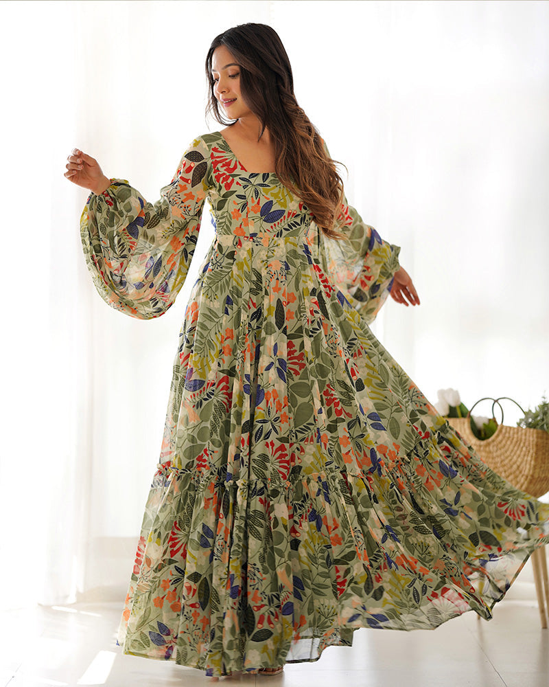 Womenline Maxi Style Pista Color Faux Georgette Gown With Balloon Sleeves