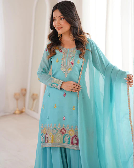 Womenline Sky Blue Color Pure Soft Crunchy Silk Sharara Suit