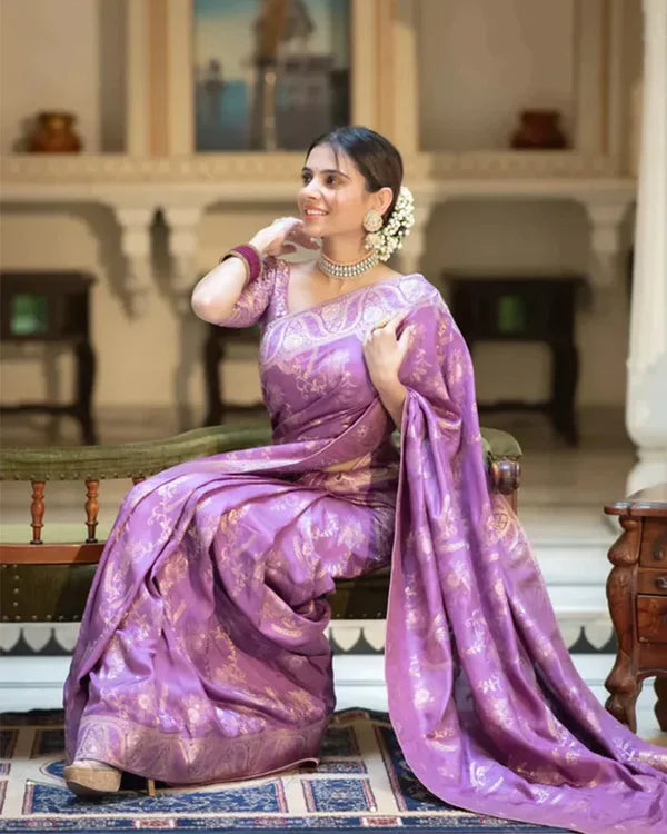 Womenline Lavender Color Banarasi Jacquard Zari Weaving Saree