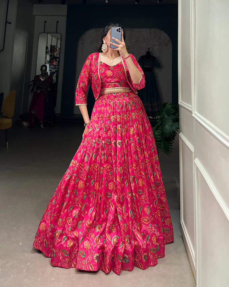 Womenline Pink Color Tussar Silk Lehenga Choli