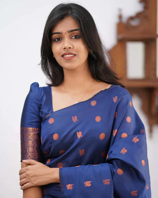 Womenline Navy Blue Color Banarasi Jacquard Soft Silk Saree