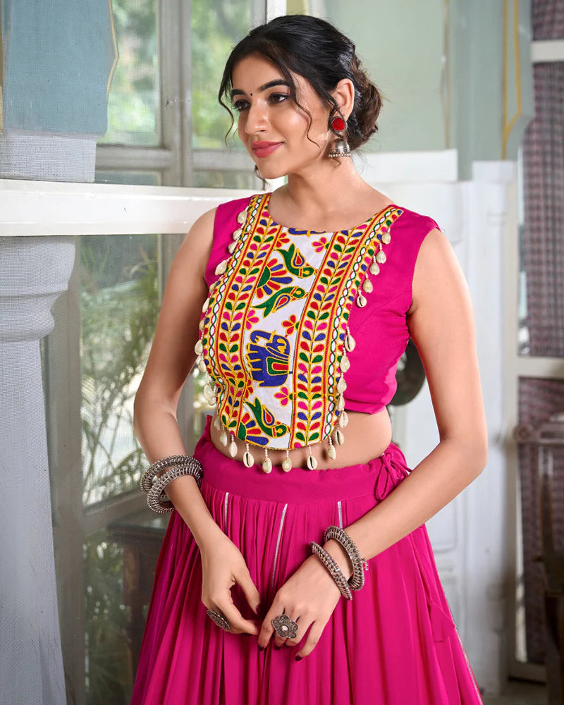 Womenline Pink Color Rayon Navratri Cowrie Touch Up Lehenga Choli