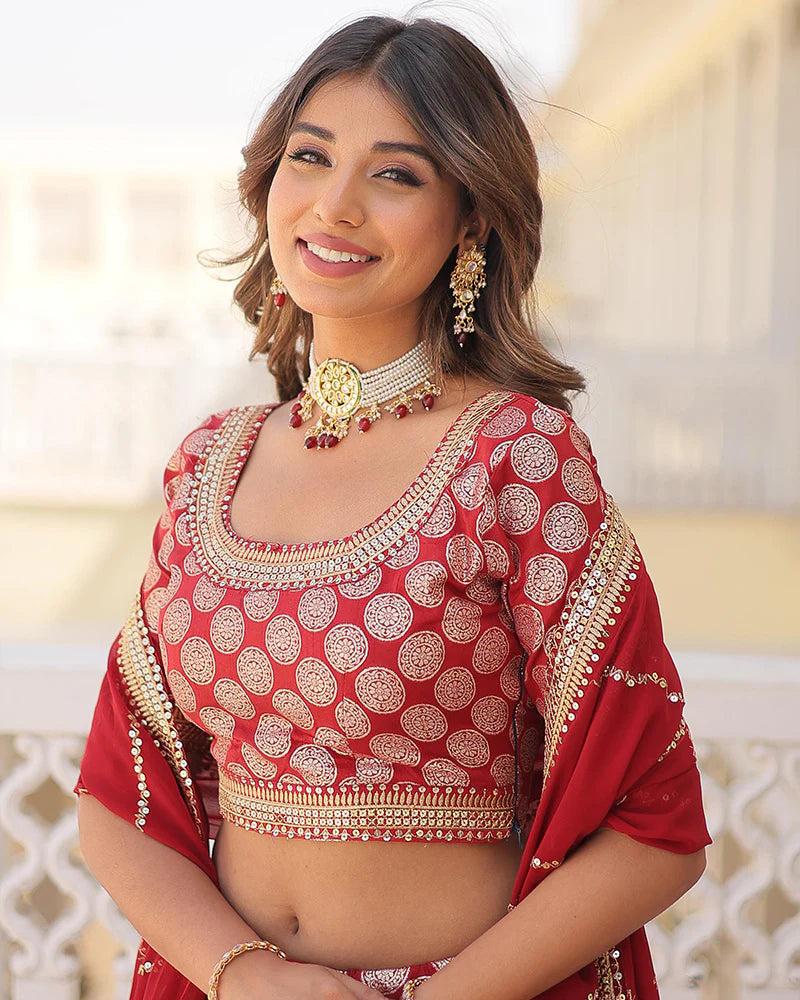 Womenline Red Color Pure Viscose Jacquard Lehenga Choli