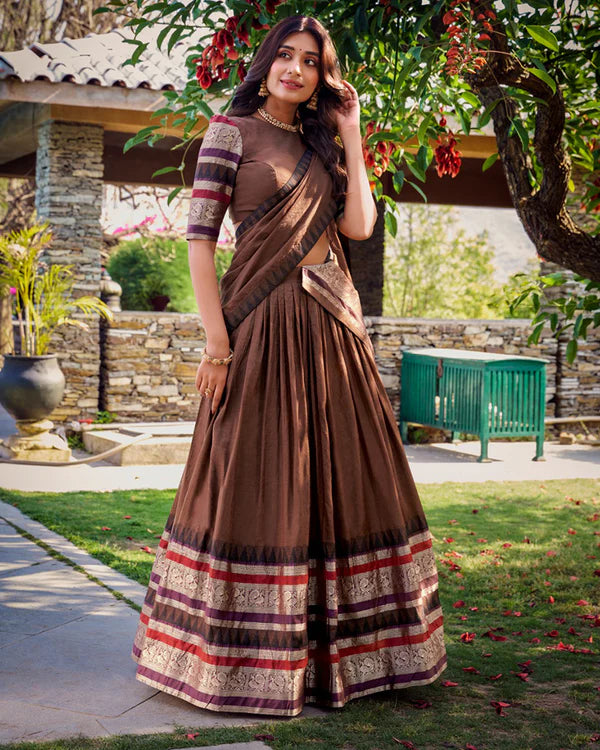 Womenline Brown Color Pure Chanderi Plain Half Saree
