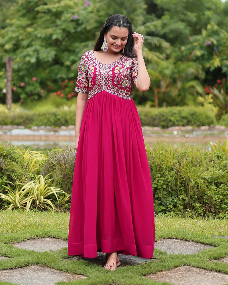 Womenline Rani Pink Color Faux Blooming Embroidered Gown