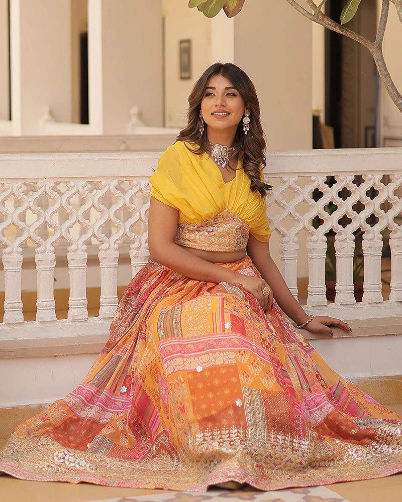 Womenline Yellow Color Designer Russian Silk Embroidery Crop Top Lehenga Choli
