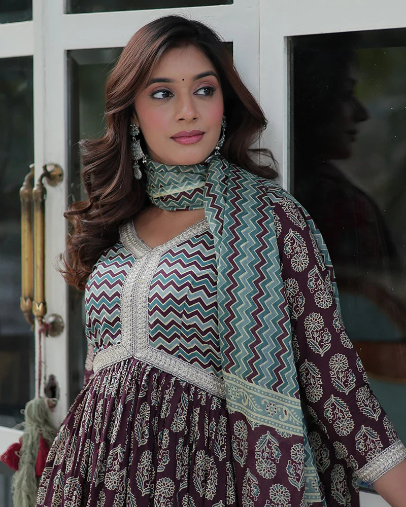 Womenline Coffee Brown Color Printed Pure Cotton Three Piece Kurti Suit