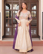 Womenline Off-White Color Jacquard Gown With Purple Dupatta