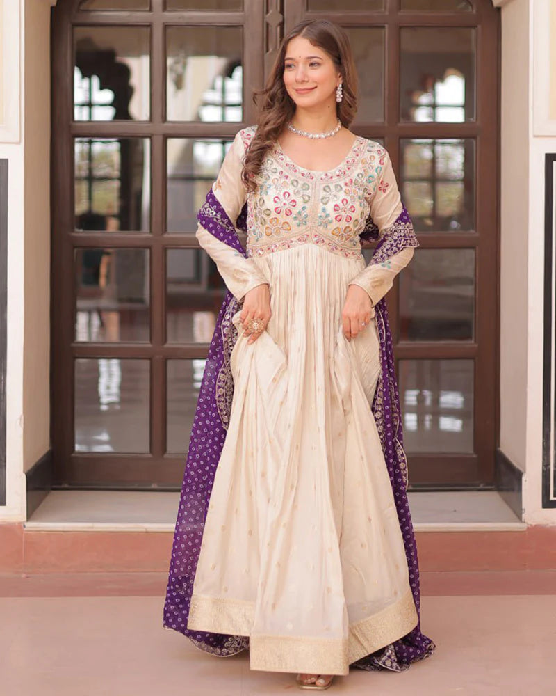 Womenline Off-White Color Jacquard Gown With Purple Dupatta
