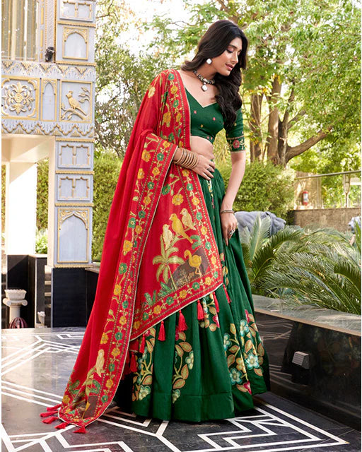 Womenline Green Color Tussar Silk Printed With Foil Work Lehenga Choli