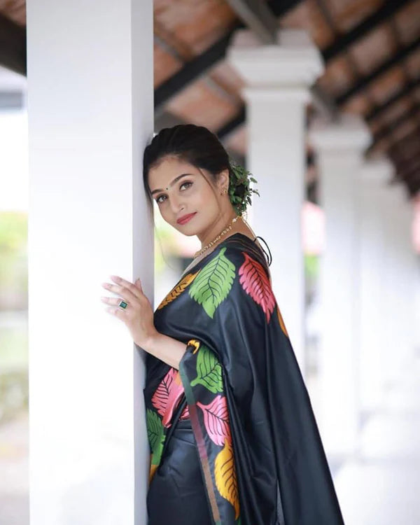 Womenline Black Color Banarasi Soft Silk Saree