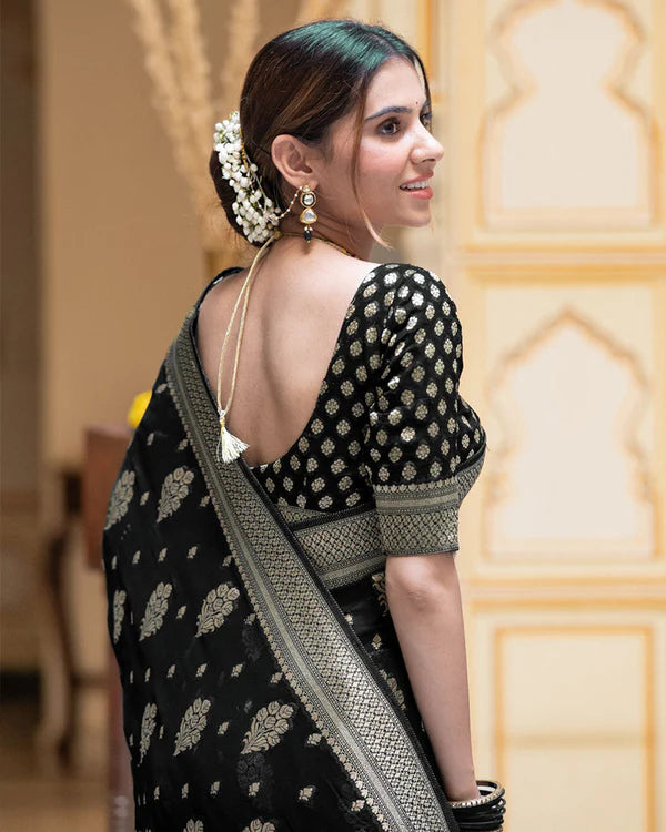 Womenline Black Color Banarasi All Over Jacquard Soft Silk Saree