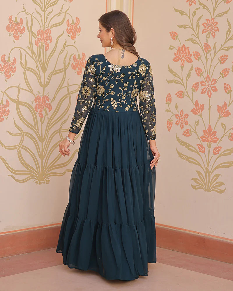 Womenline Elegant Rama Floor-Length Gown With Golden Threadwork