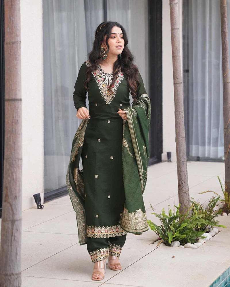 Womenline Green Color Roman Silk Embroidered Three Piece Kurti Suit