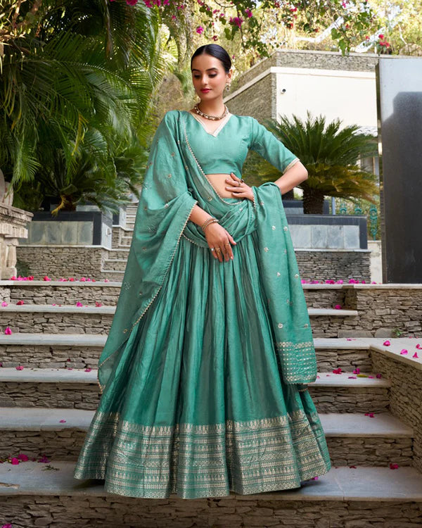 Womenline Sea Green Color Pure Chanderi Plain Navratri Half Saree