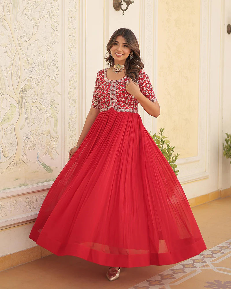 Womenline Red Color Faux Blooming Zari sequence Embroidered Gown