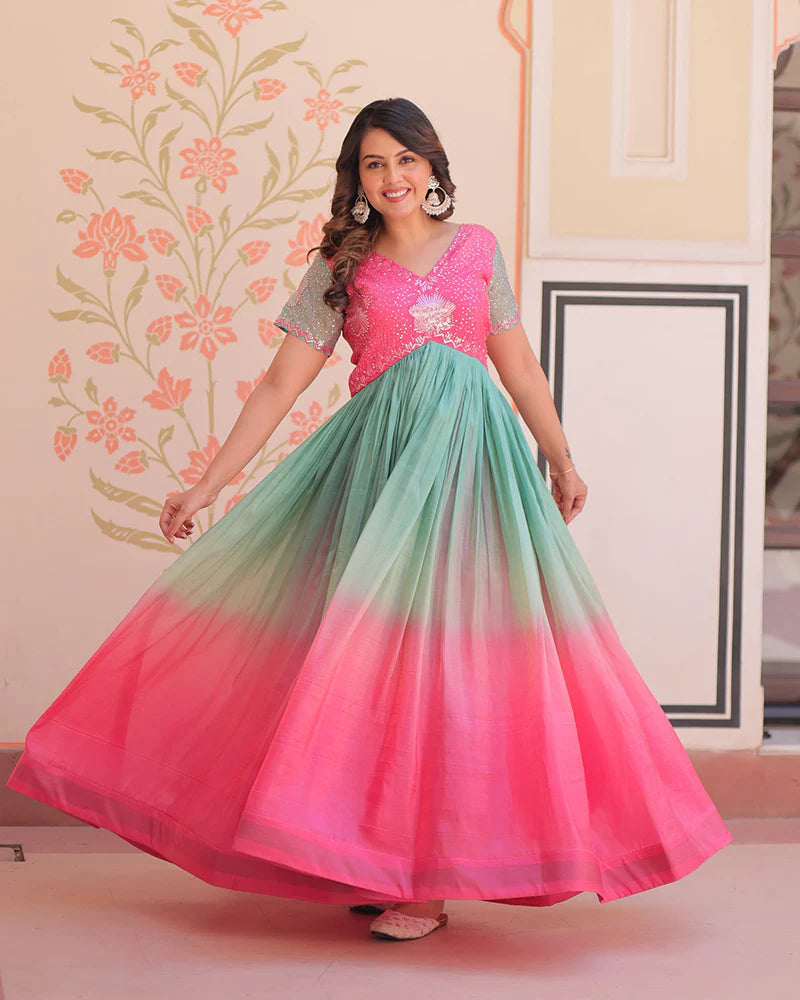 Womenline Pink Color Gold Crush Embroidered work Gown