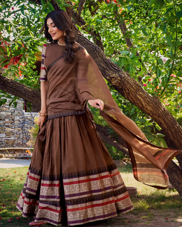 Womenline Brown Color Pure Chanderi Plain Half Saree