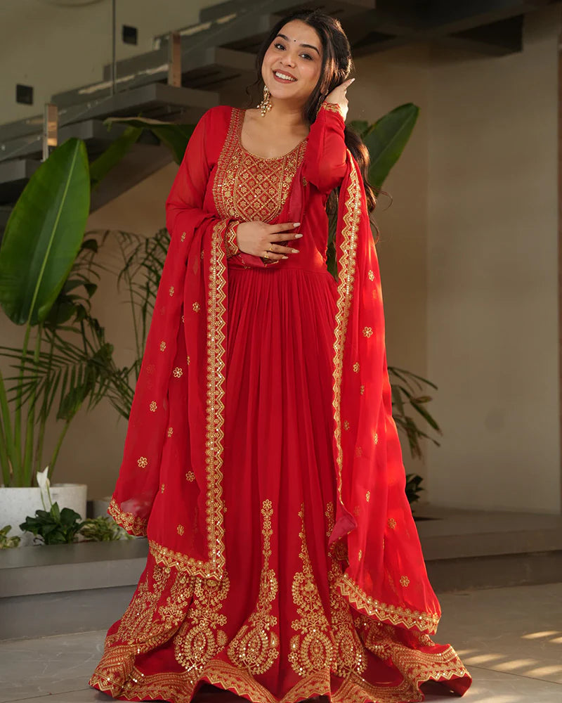 Womenline Red Color Faux Blooming Embroidered Gown