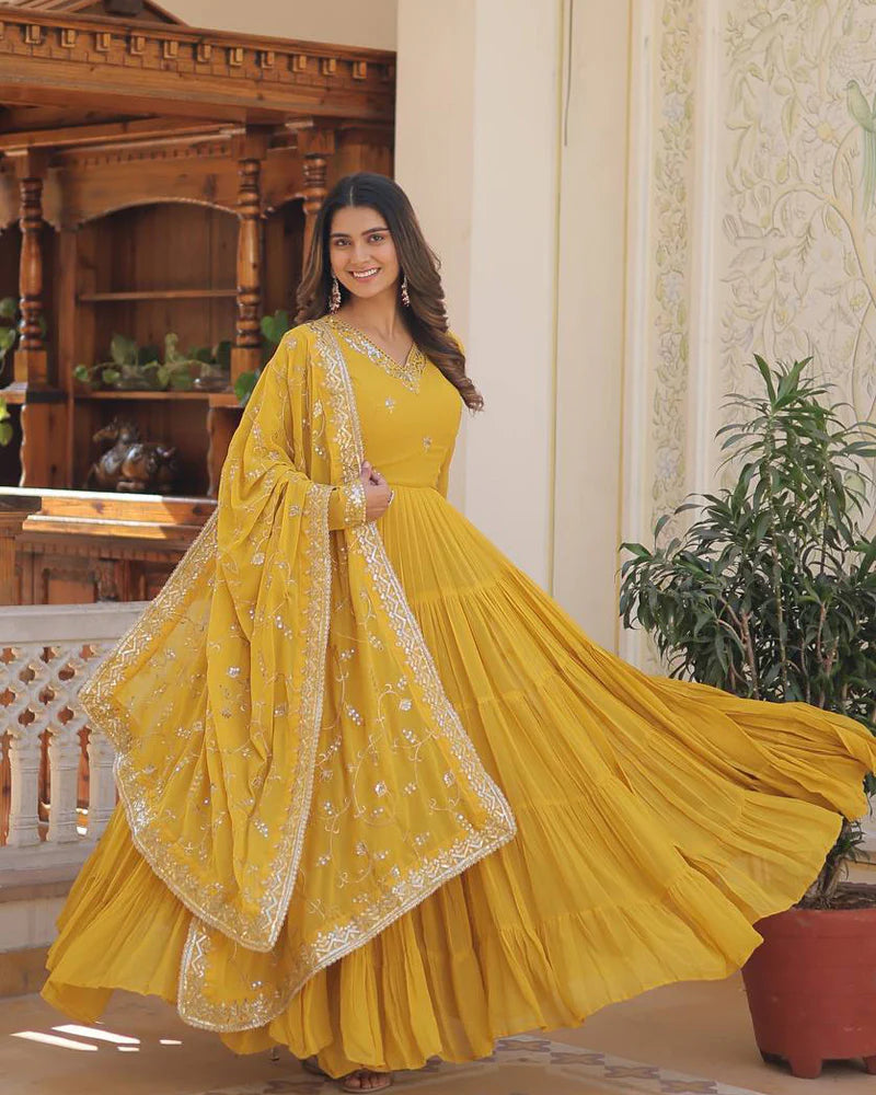 Womenline Yellow Color Faux Georgette Designer Anarkali Gown With Dupatta