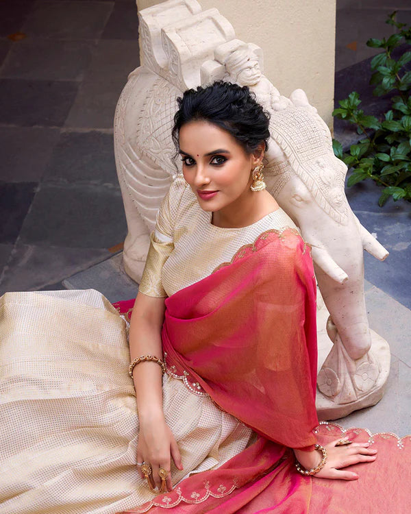 Womenline Off-White Color Jacquard Chex Half Saree