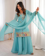 Womenline Sky Blue Color Pure Soft Crunchy Silk Sharara Suit