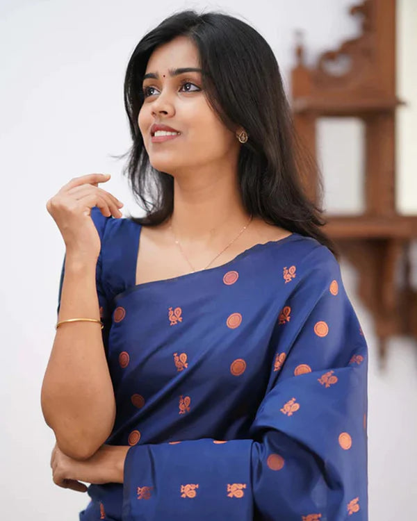 Womenline Navy Blue Color Banarasi Jacquard Soft Silk Saree