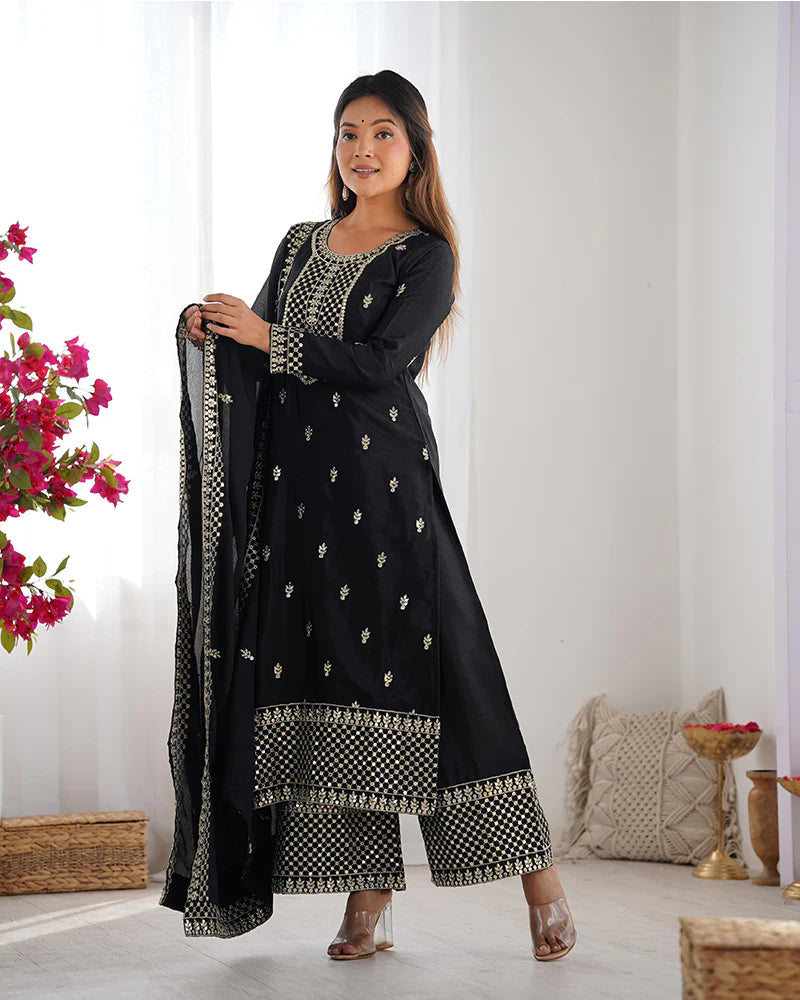 Womenline Black Color Chinon Silk Three Piece Kurti Suit