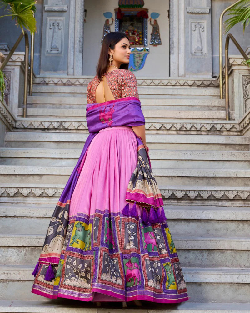 Womenline Peach Color Tussar Silk Kalamkari Printed Lehenga Choli