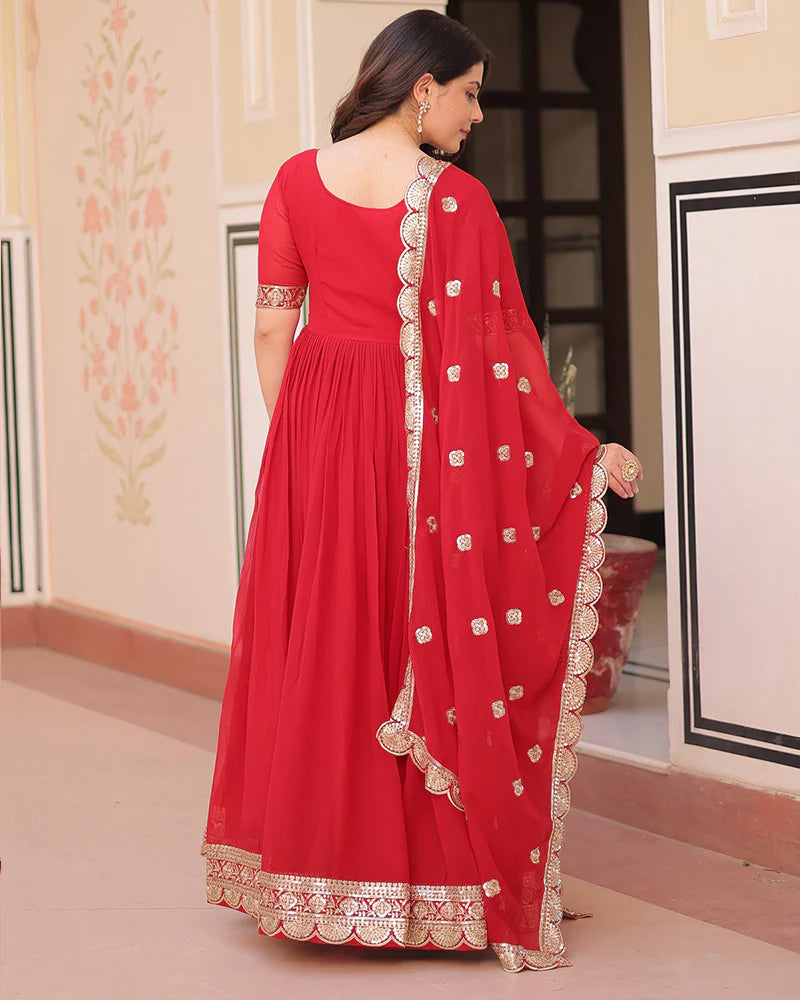 Womenline Designer Red Anarkali Gown With Golden Embroidery