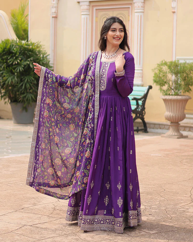 Womenline Purple Color Chinnon Sequence Embroidered Gown