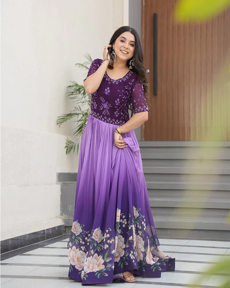 Womenline Purple Color Faux Blooming Embroidered work Gown