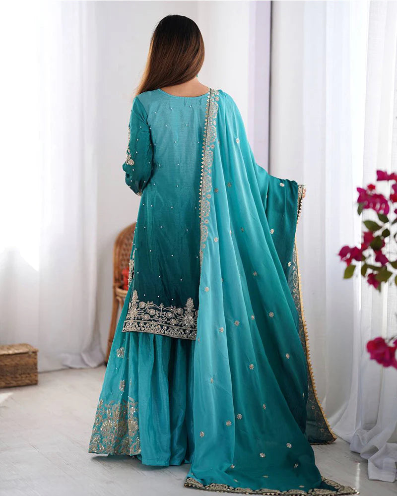 Womenline Rama Color Chinnon Sequence Work Plazzo Suit