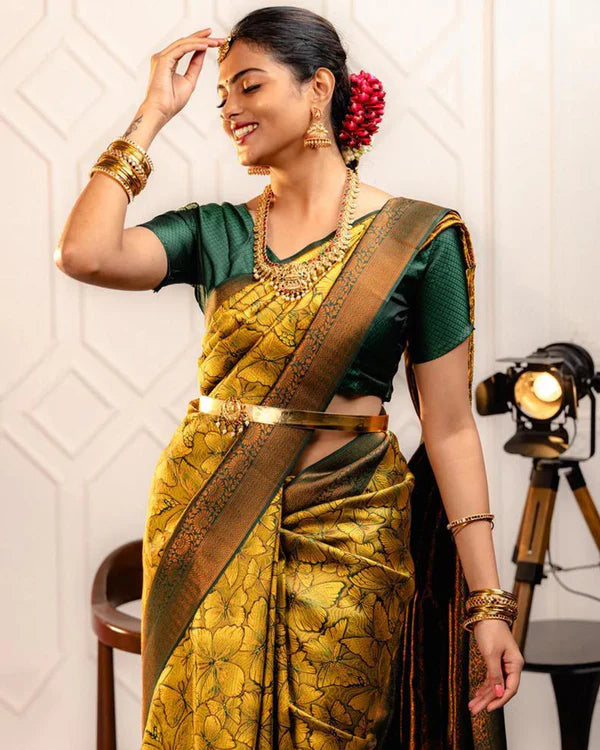 Womenline Yellow Color Banarasi Jacquard Soft Silk Saree