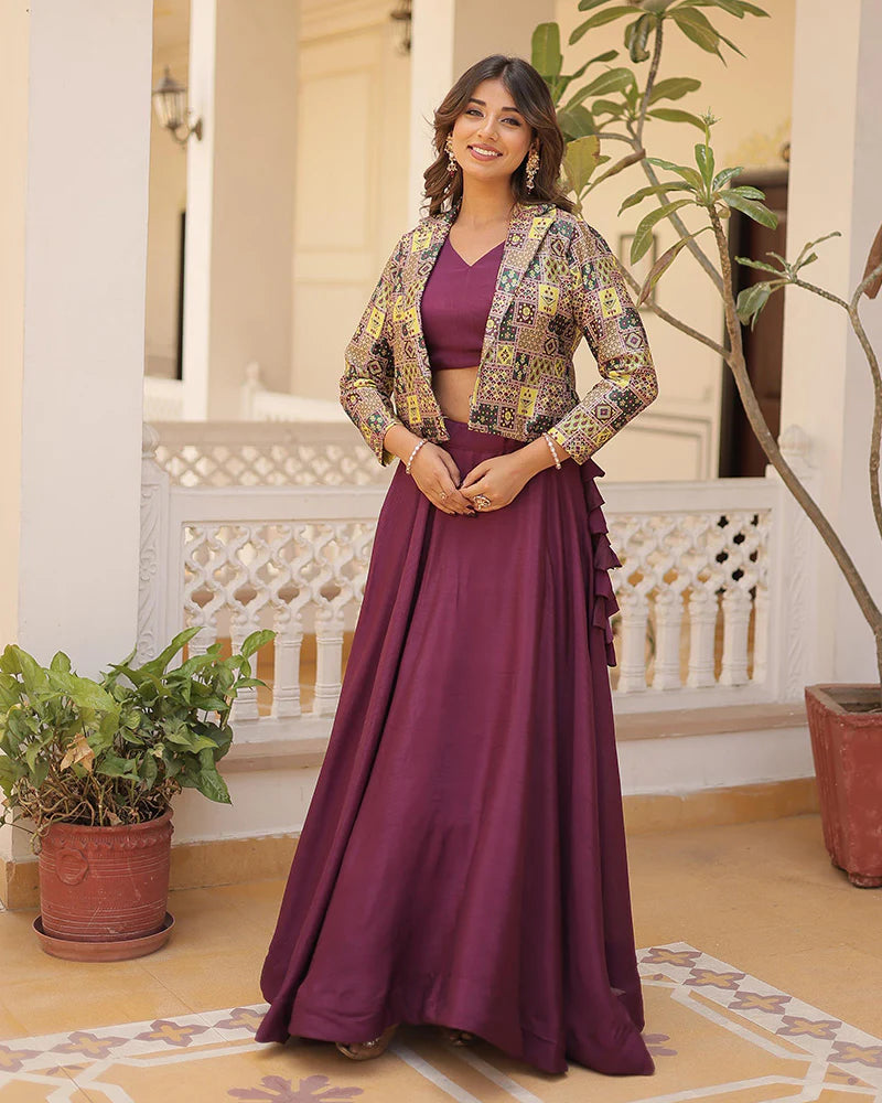 Womenline Wine Color Pure Chinnon Lehenga Choli