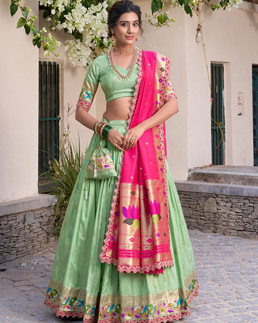 Womenline Pista Color Jacquard Silk Half Saree