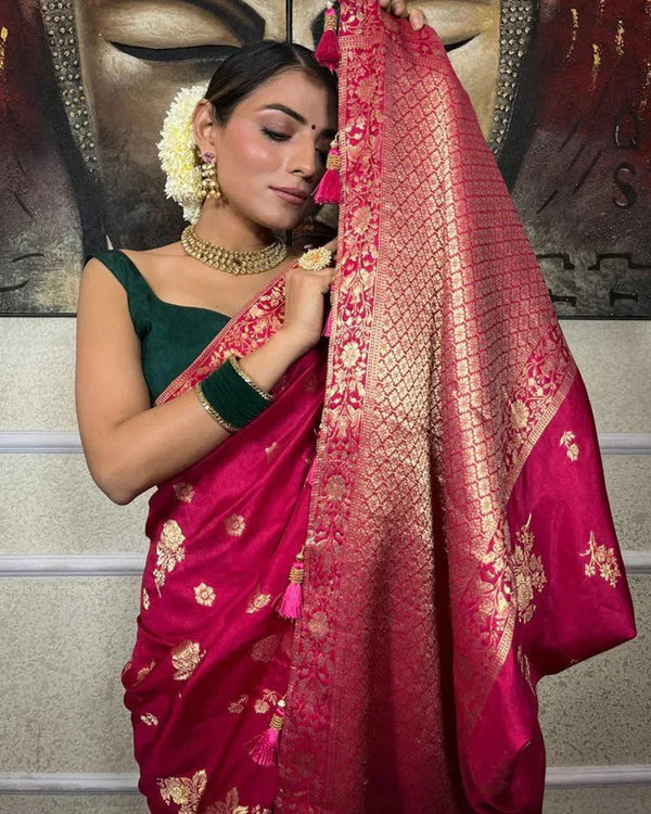 Womenline Rani Pink Color Big Flower Design Banarasi Soft Silk Saree