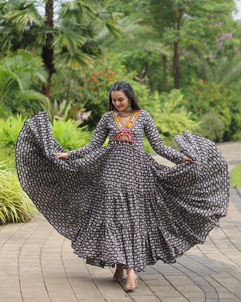 Womenline Black Color Cotton Gamthi Work Navratri Gown