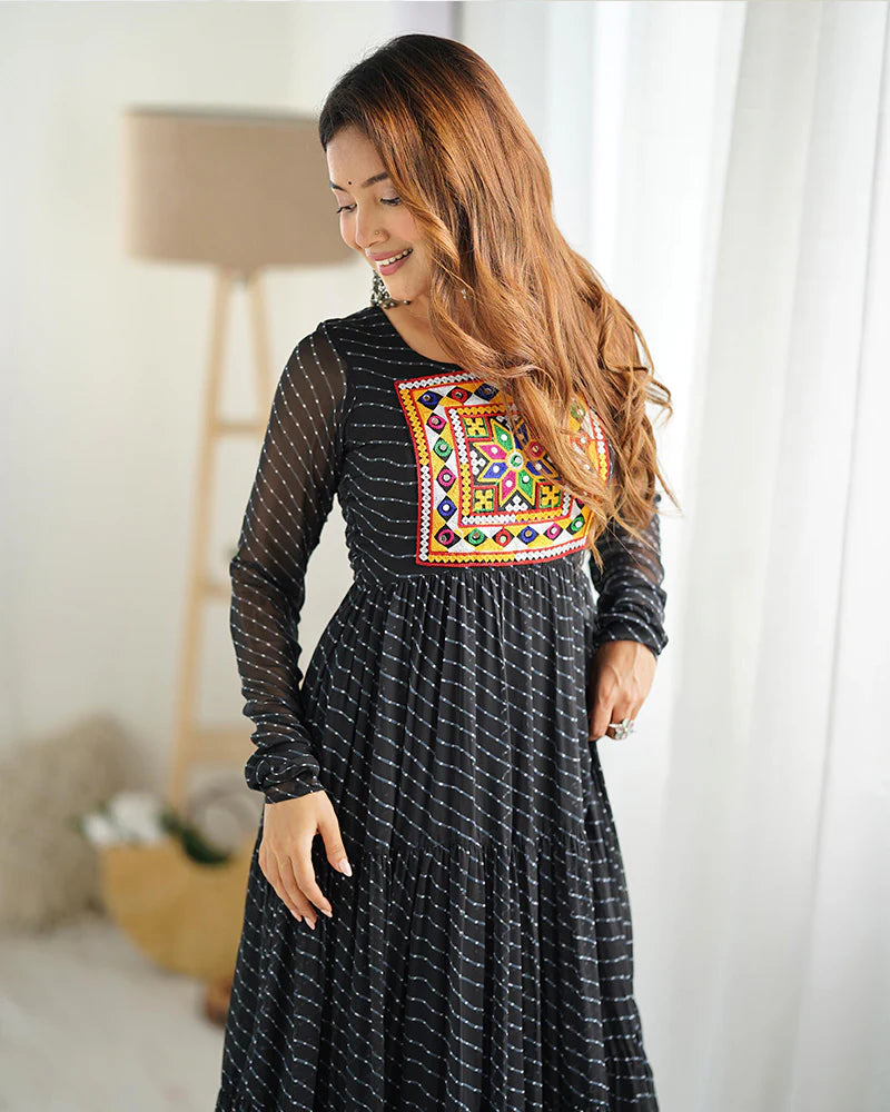 Womenline Black Color Georgette Laheriya Print Navratri Gown