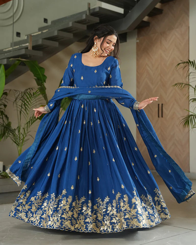 Womenline Rama Color Chinnon Sequence Embroidered Gown