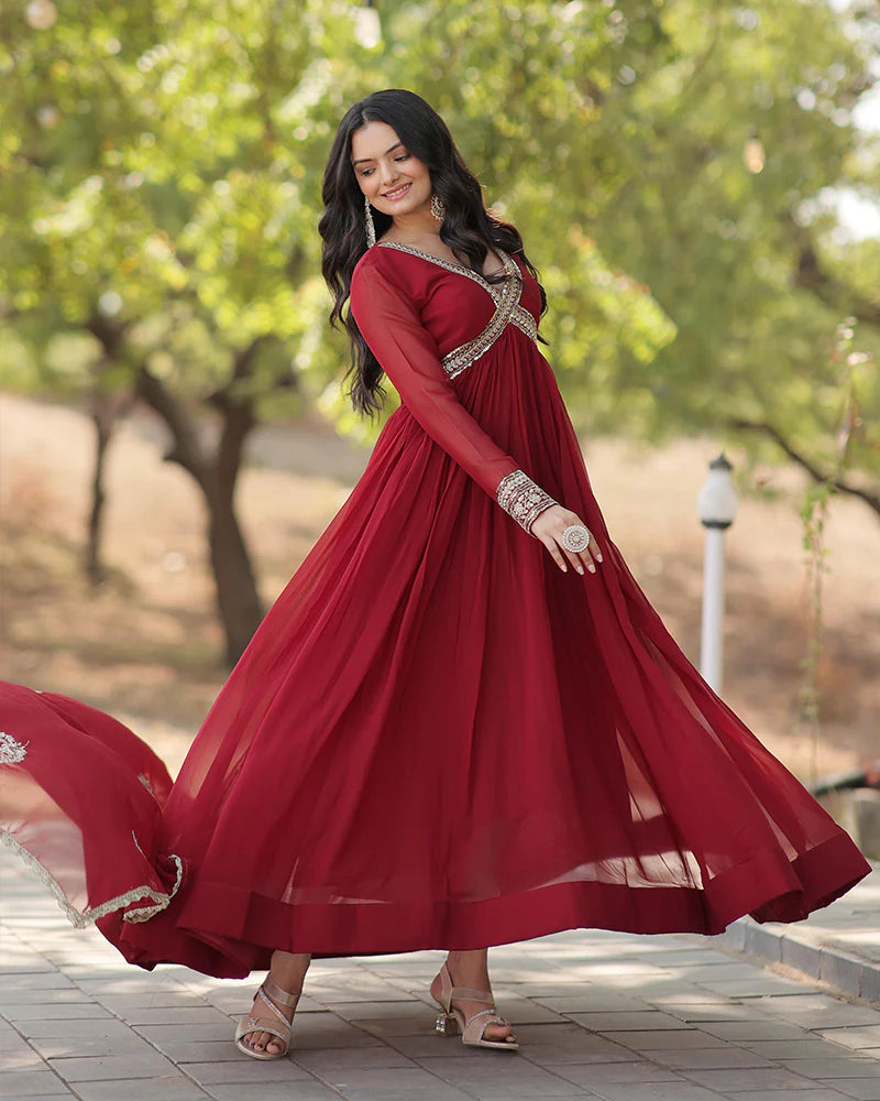 Womenline Wedding Wear Embroidered Maroon Color Alia Cut Gown With Dupatta