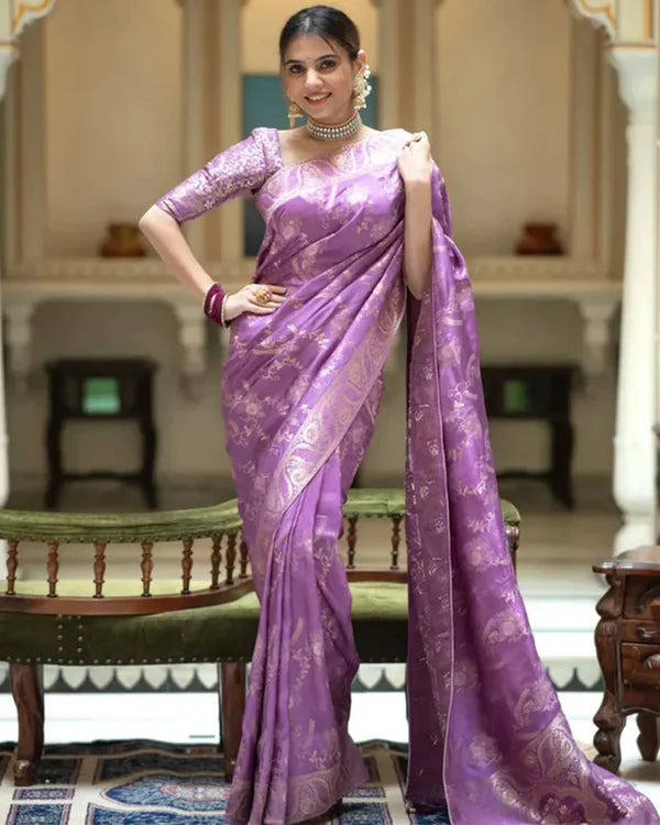 Womenline Lavender Color Banarasi Jacquard Zari Weaving Saree