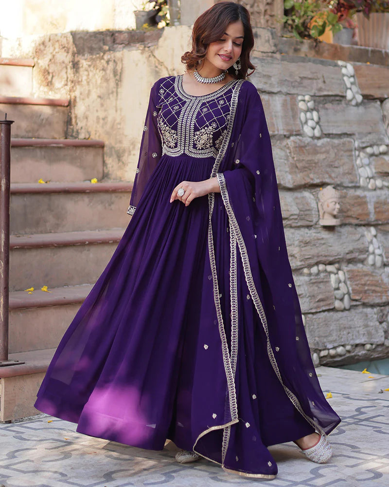 Womenline Purple Color Faux Blooming Embroidered Gown With Dupatta