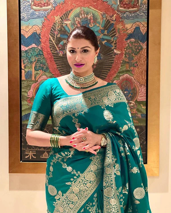 Womenline Firozi Color Banarasi Soft Silk Saree
