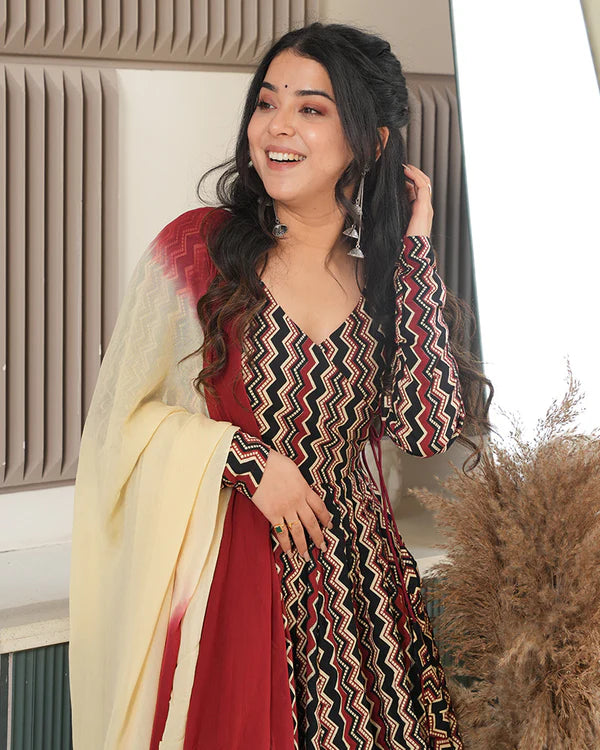 Womenline Black Color Laheriya Printed Pure Cotton Anarkali Suit