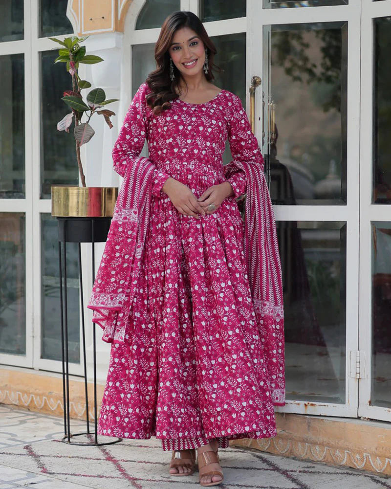 Womenline Pink Color Printed Pure Cotton Three Piece Kurti Suit